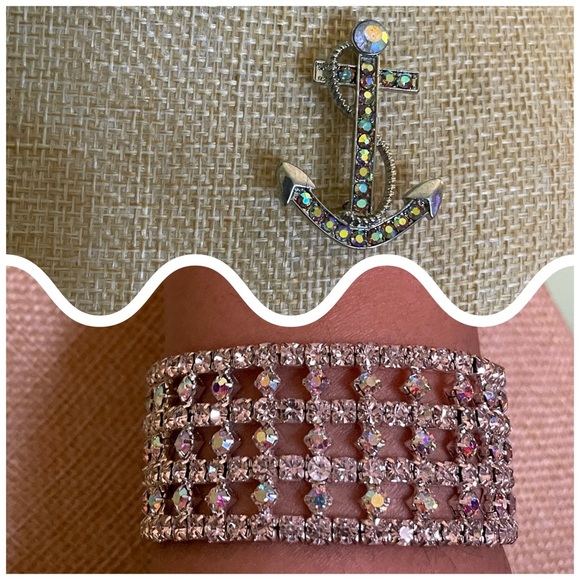 Sparkling AB Crystal Anchor Brooch and Bracelet Set - Picture 1 of 12